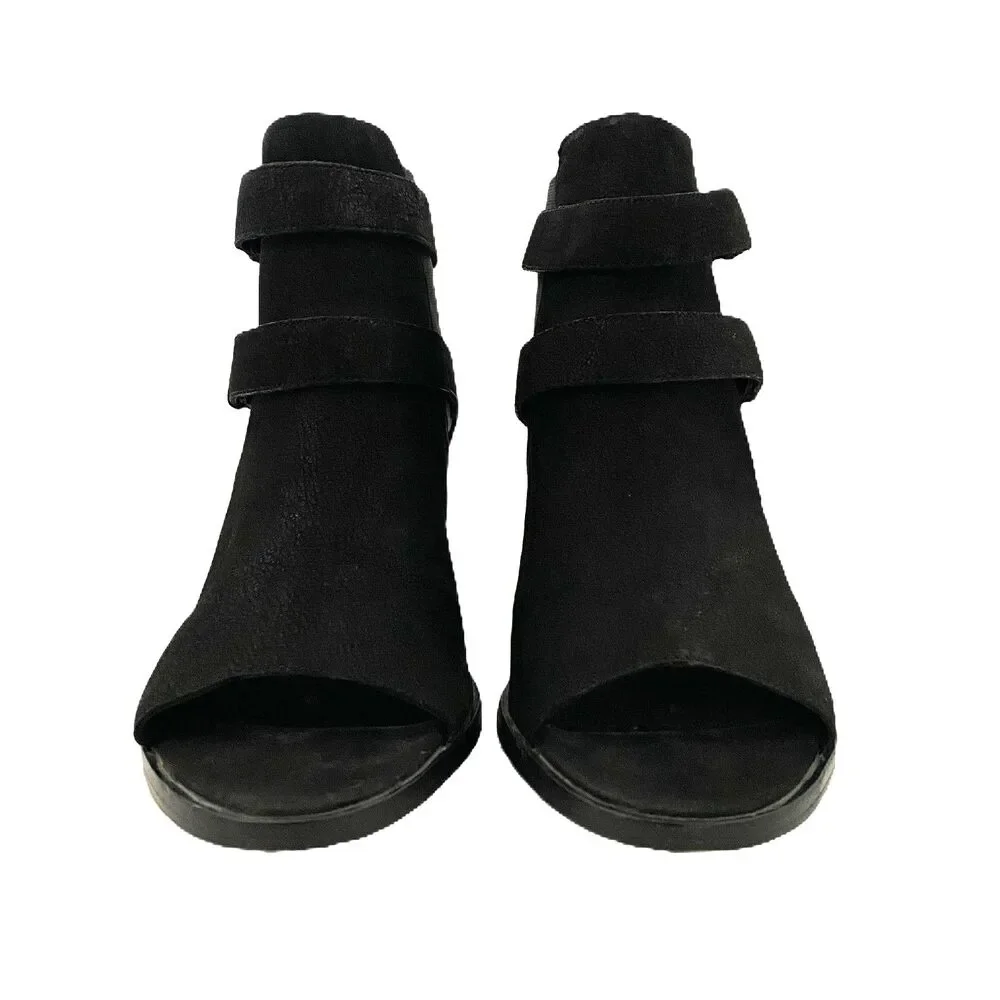 Eileen Fisher Dusk Tumbled Nubuck Black Peep Toe Booties Leather Sandals Zip 10